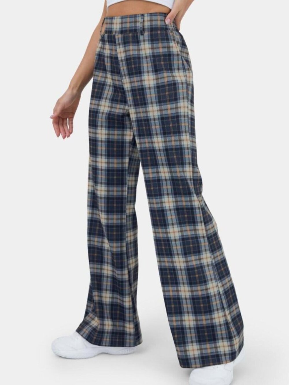 NWT HALARA High Waisted Navy Tartan Plaid Wide Leg Casual Pants Women's M